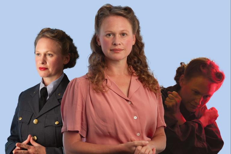 One woman shown three times - dressed in military uniform, a dress, and looking sad