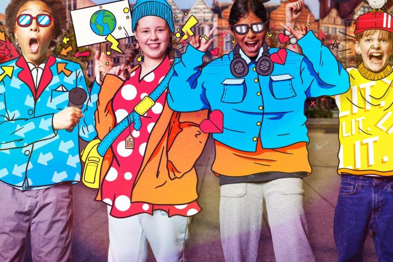 A line of young people wearing cartoon clothes