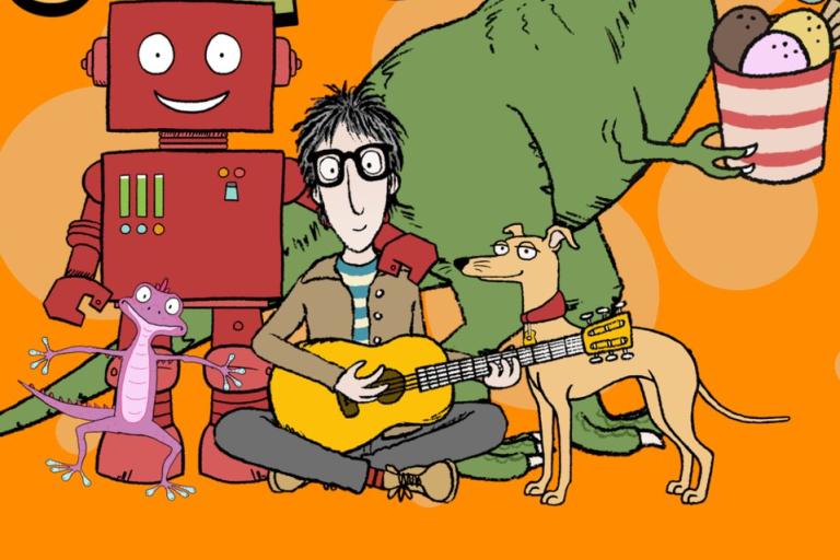 An illustration featuring a dinosaur, robot, dog and man playing guitar