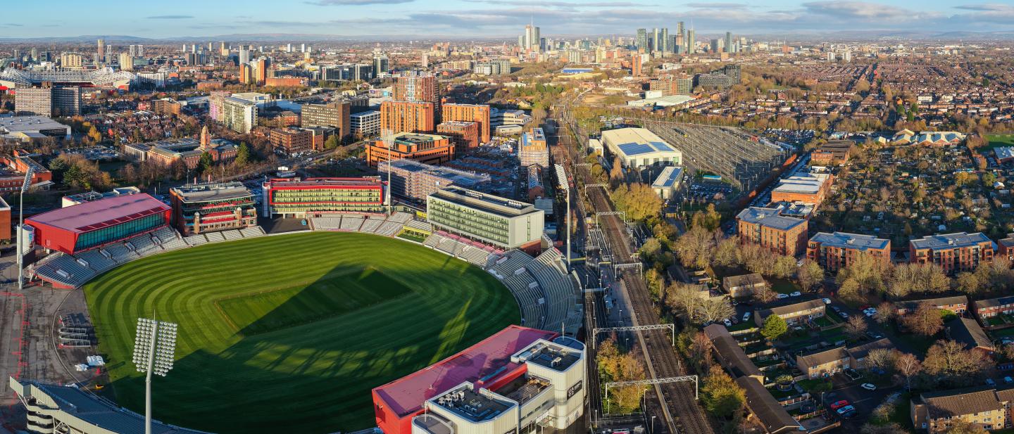 An aerial image of Old Trafford featuring Lancashire County Cricket Club