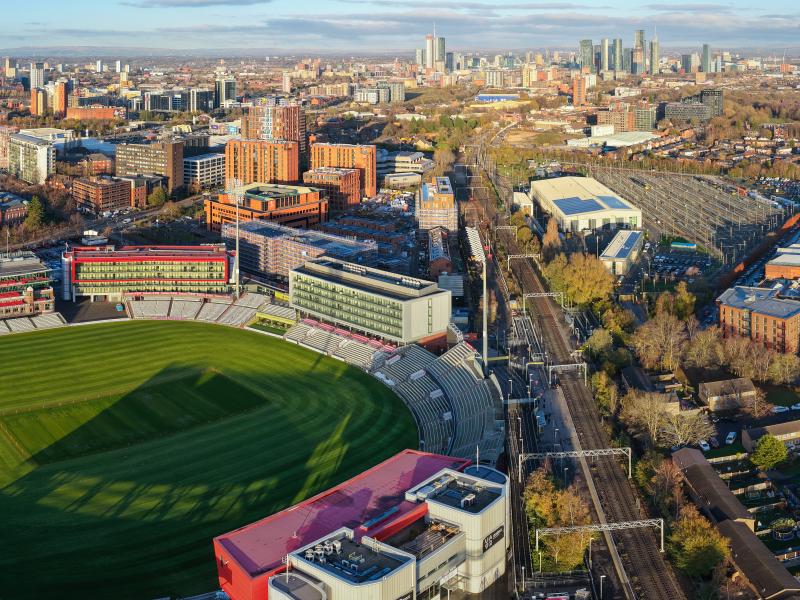 An aerial image of Old Trafford featuring Lancashire County Cricket Club