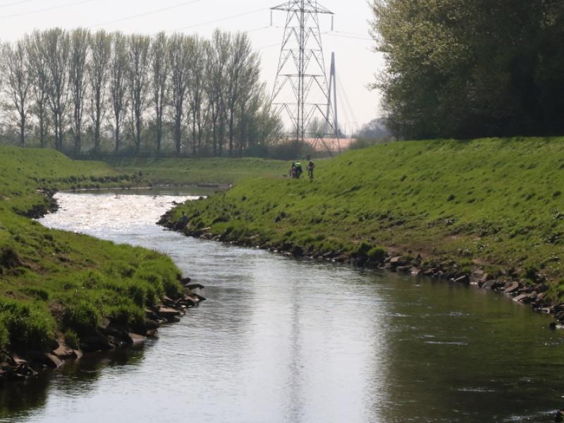 People walking on a riverbank