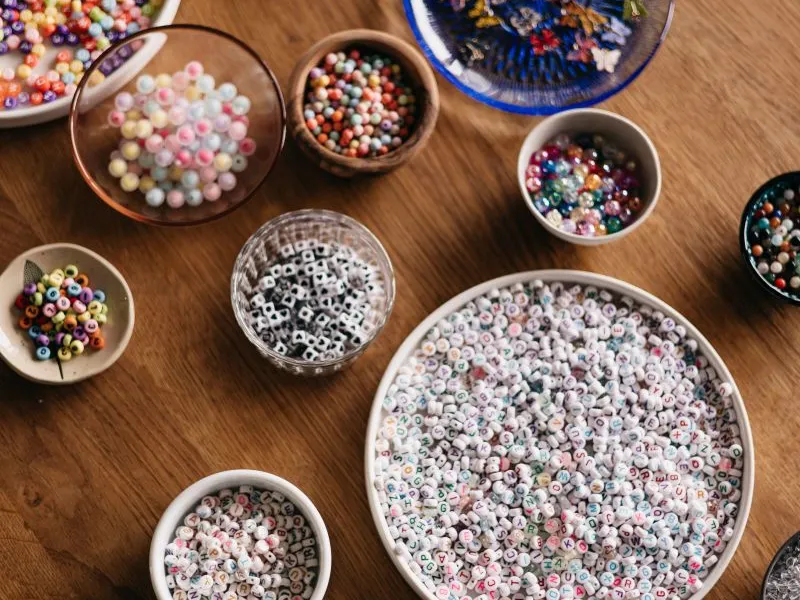 Bowls of different types and coloured beads