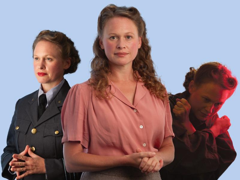 One woman shown three times - dressed in military uniform, a dress, and looking sad