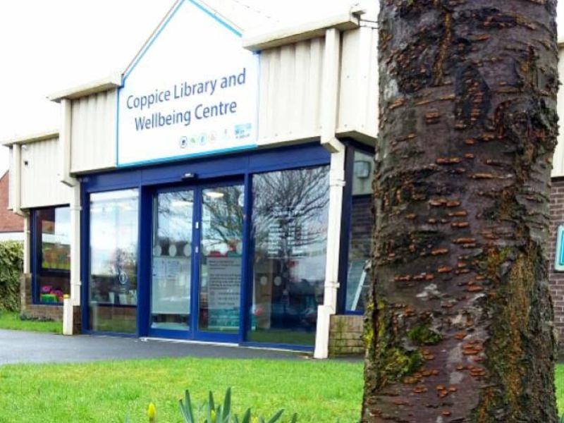 External view of library entrance with grass, daffodils and a tree in the foreground