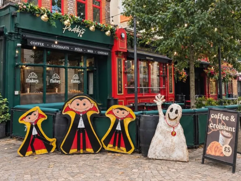 Halloween decorations outside of Paddy's Altrincham.