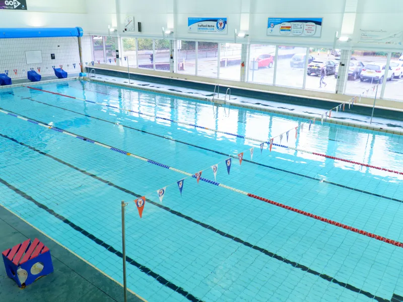 An overhead shot of a swimming pool