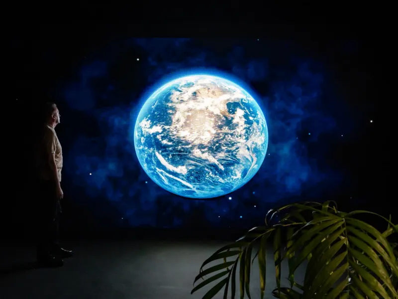 Man looking at a projection of the Earth with a plant in the foreground