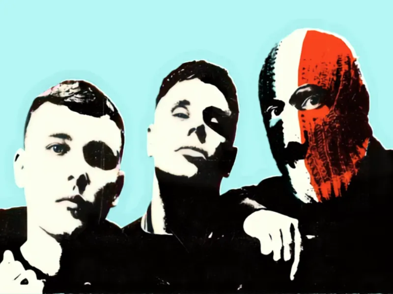 A black and white photo of the members of the band Kneecap 