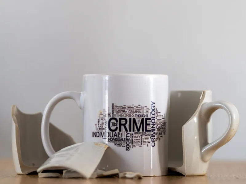 The word 'crime' on a coffee mug inside a broken coffee mug