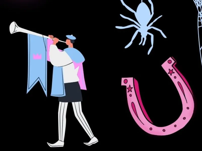 Halloween Pink Pony Ceilidh Club in glowing neon Times Modern font, a spiderweb border on a black background and graphics of pink horsehoes, medieval buglers and a cameo wearing a pink cowboy hat