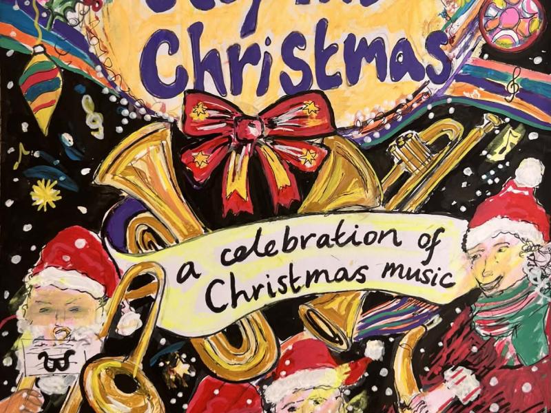 A hand drawn poster featuring Christmas decorations