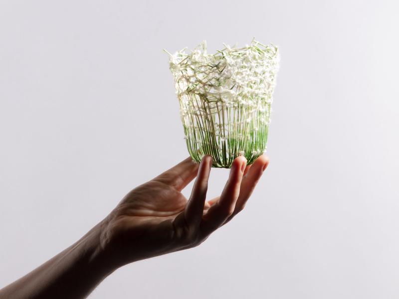 A hand holding a small vase