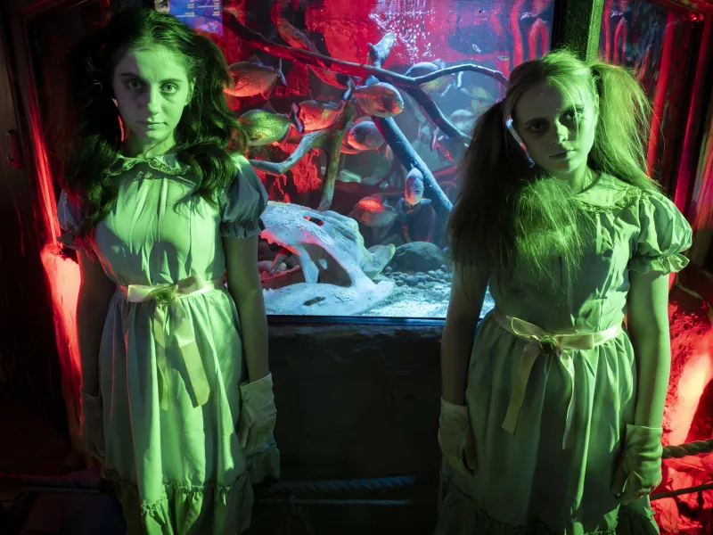 Two female actors dressed as dead twin girls staring vacantly at the camera while stood in front of a piranha display