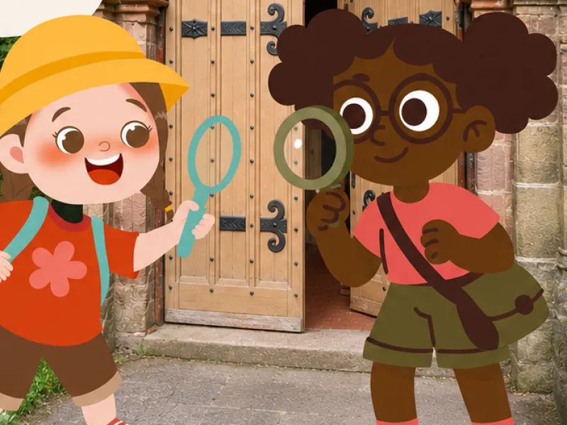 A cartoon of a boy and a girl with magnifying glasses in front of a church door