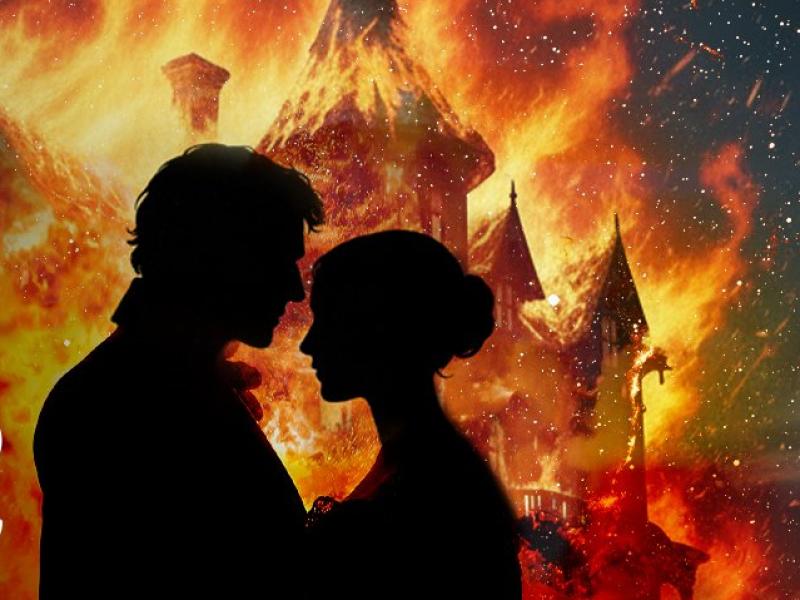 Two people silhouetted against a fire