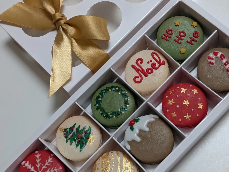 A box of festive macarons