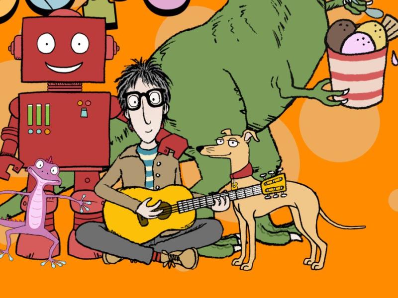 An illustration featuring a dinosaur, robot, dog and man playing guitar