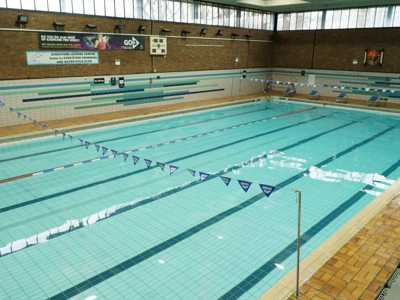 An overhead view of a swimming pool