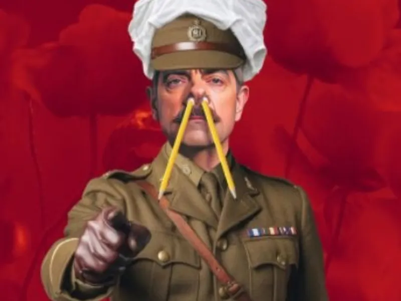 A man in army uniform with a yellow pencil up each nostril