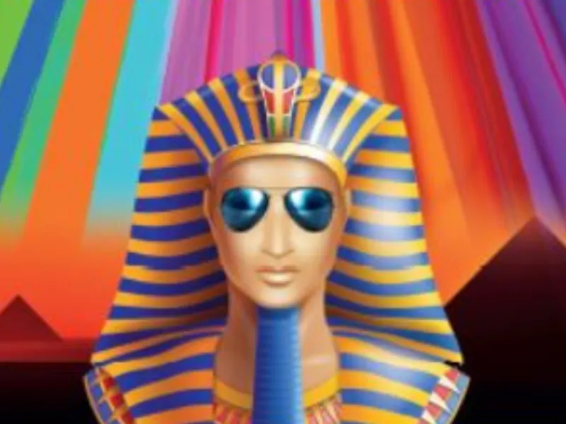 A pharoah in sunglasses against a rainbow background